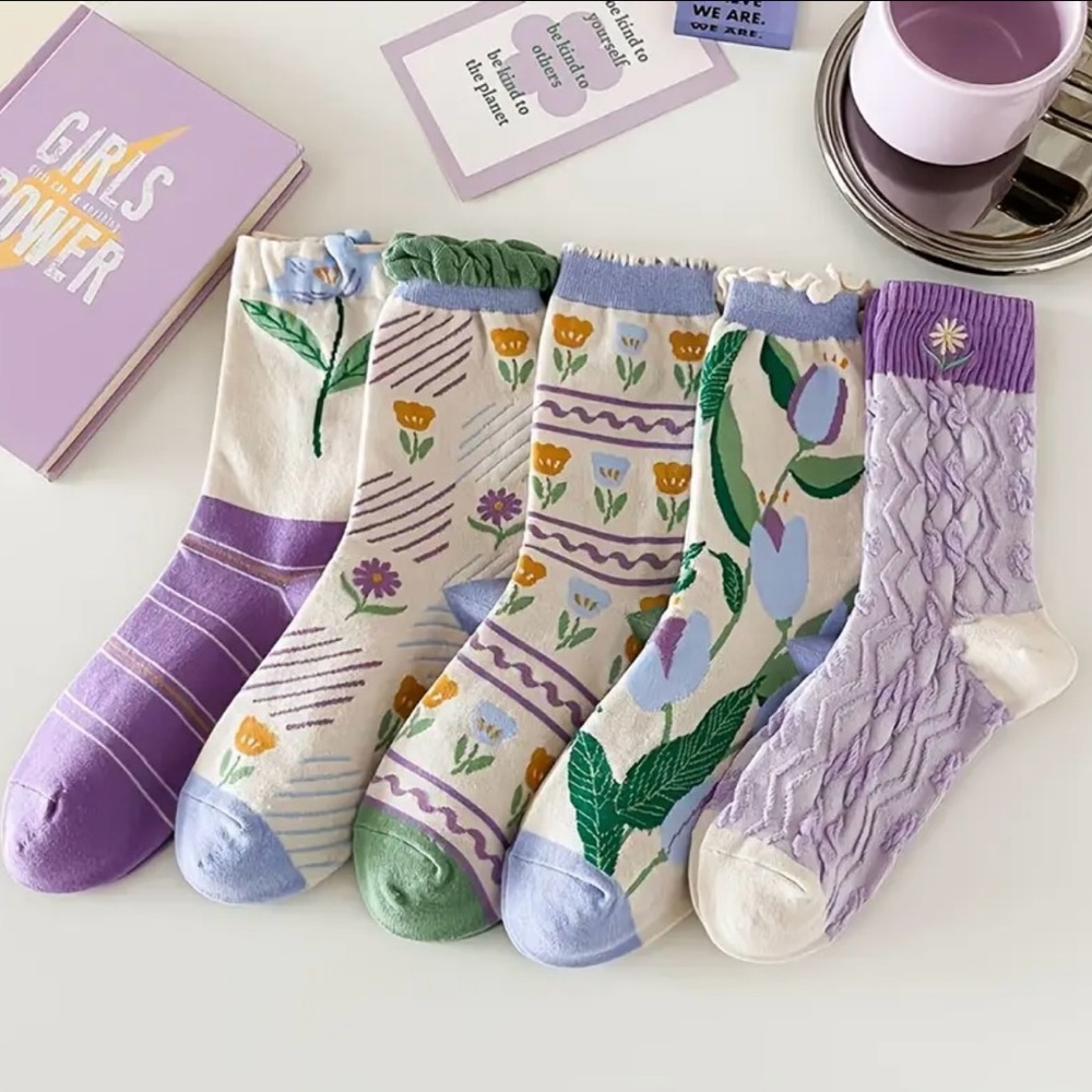 Purple Floral Patterned Socks 5 PC Set